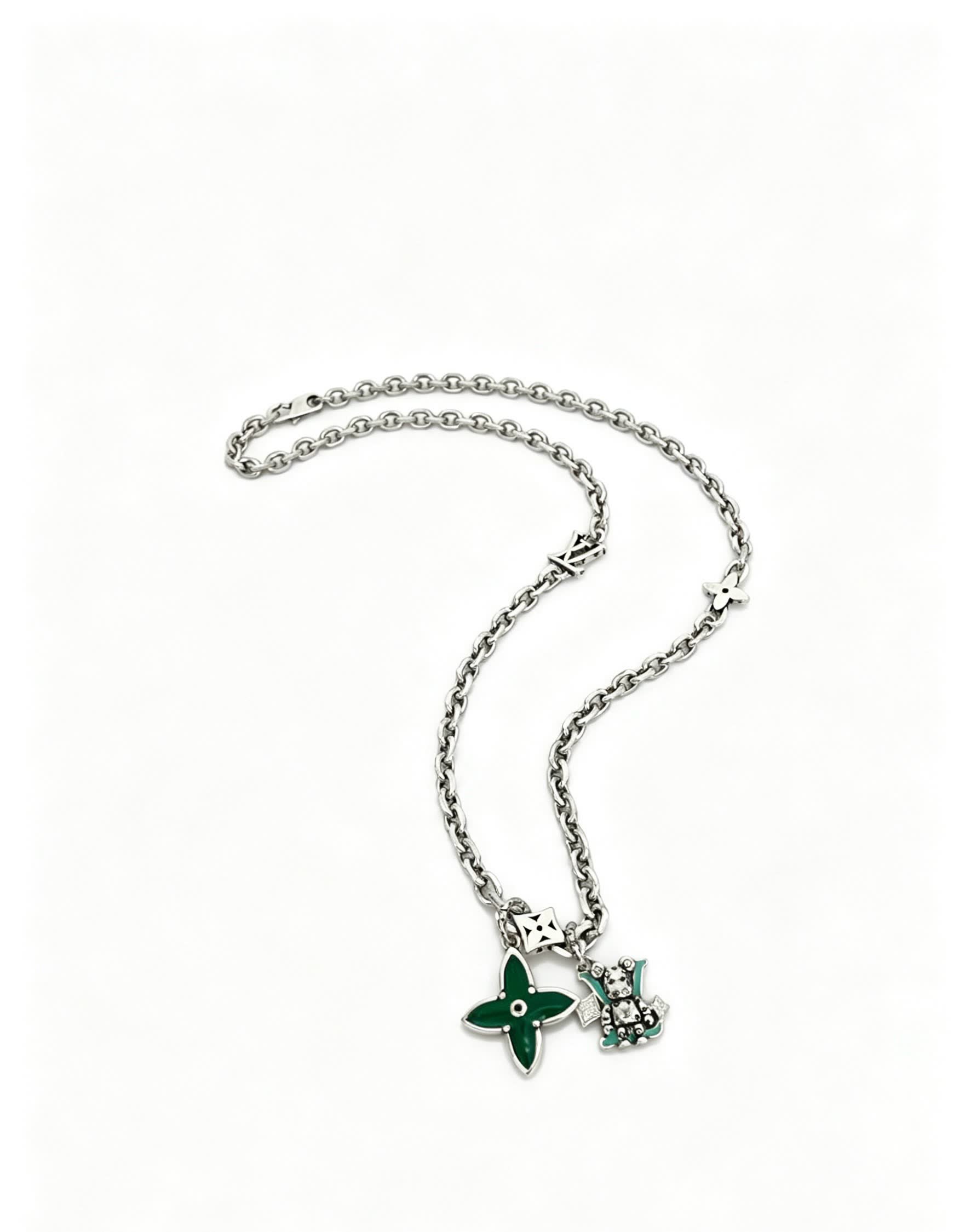 Louis Vuitton Silver Chain Necklace with Green Flower and Monogram Motif